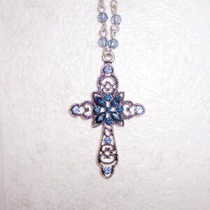Blue Beaded Cross Fashion Necklace with Crystals NEW